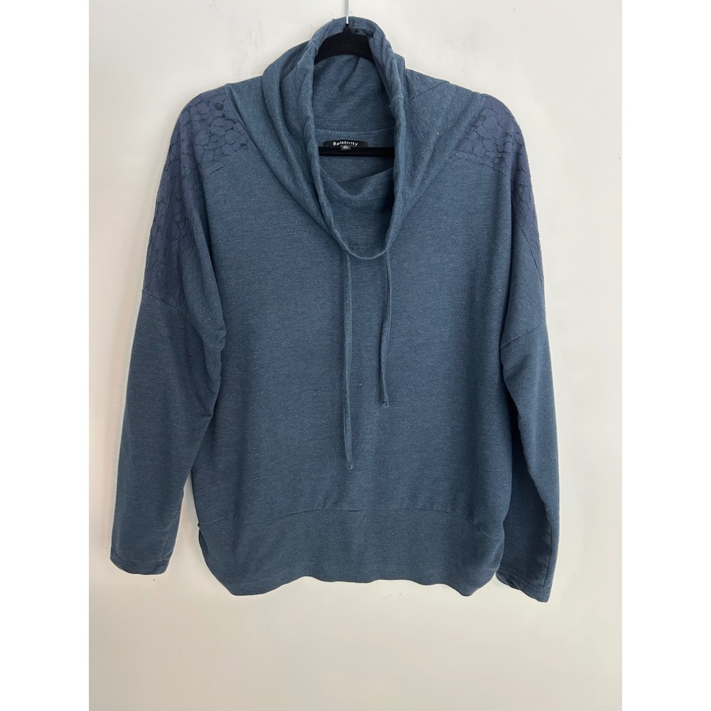 Relativity Blue Gray Cowl Neck Lace Shoulder Sweatshirt Soft Pullover XL Womens